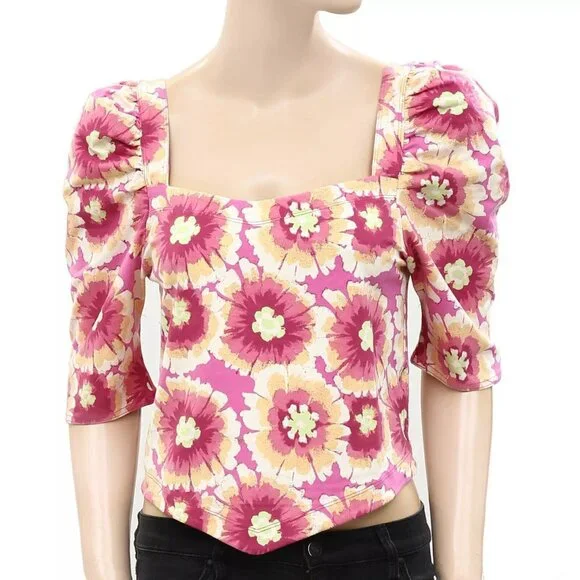 Free People Give Me More Cropped Blouse Top Floral Printed Criss-Cross S 233905 - Picture 6 of 9